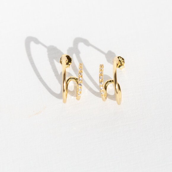 Gold Double Hoop Earring pave and Extra Loop Pretty Earrings Unique Earrings - Picture 7 of 12